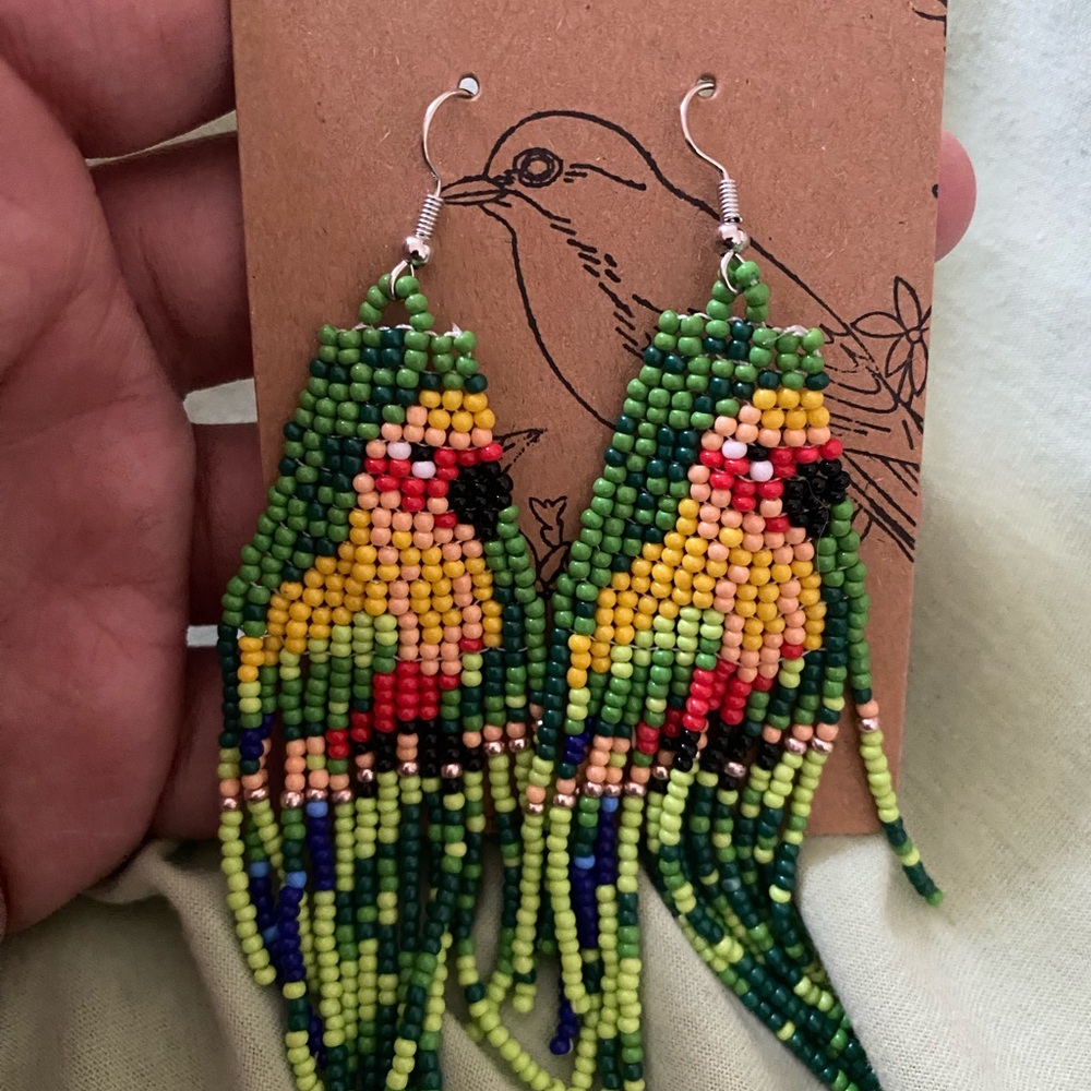 Handmade Green Parrot Beaded Fringe Earrings